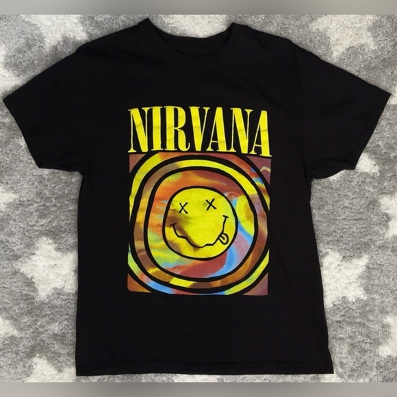 NIRVANA Tops - Nirvana Smiley Face Tie Dye Graphic T-Shirt Women’s Medium Black 90’s Grunge